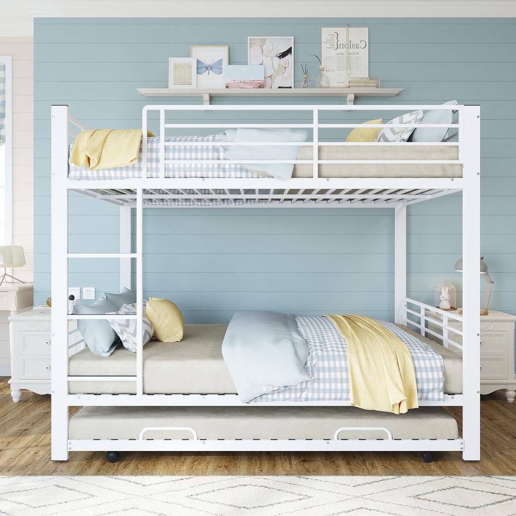 140*200 Metal Bunk Bed for 3 People, Three-Bed Bunk Bed with Pull-Out Trundle Bed, Teen Bed Children's Bed Metal Frame, White
