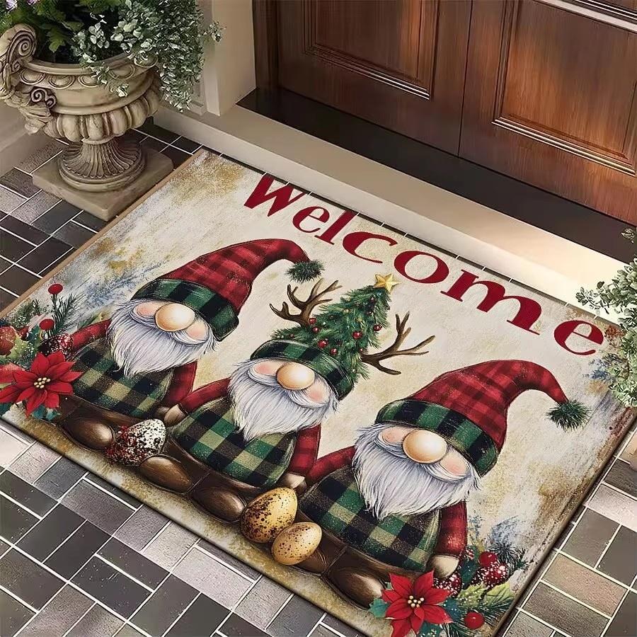 Christmas Gnome Print Doormat Black Festive Door Mat Floor for Kitchen Living Room Bedroom Bathroom Holiday for Halloween Decor