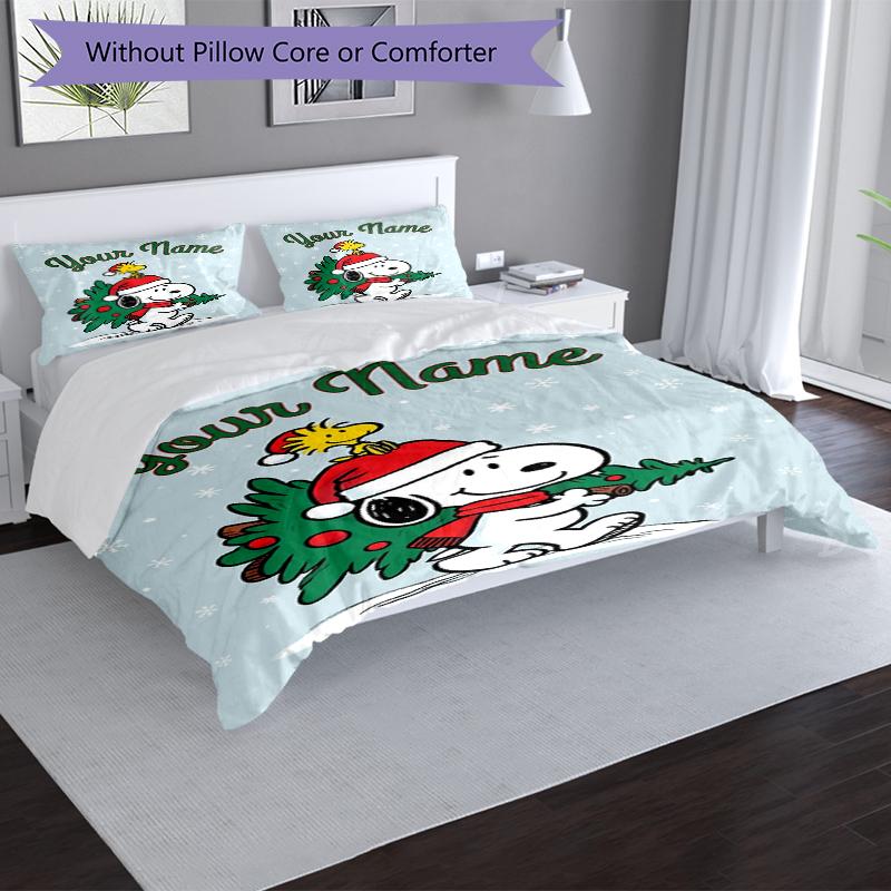 Snoopy Christmas Custom Name Text Print 1Pc Bedding Set Duvet Cover With Two Pillowcases Soft Bed Linen For Household Bedroom