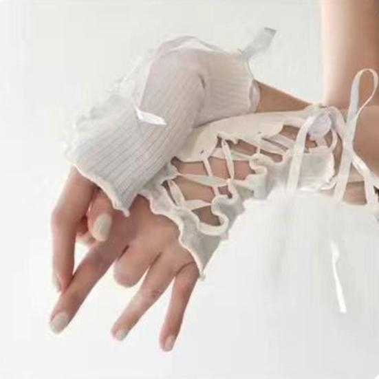 1 пара женских рукавов JK Lolita Style Hollow Out Lace-up Shirring Edge Fingerless