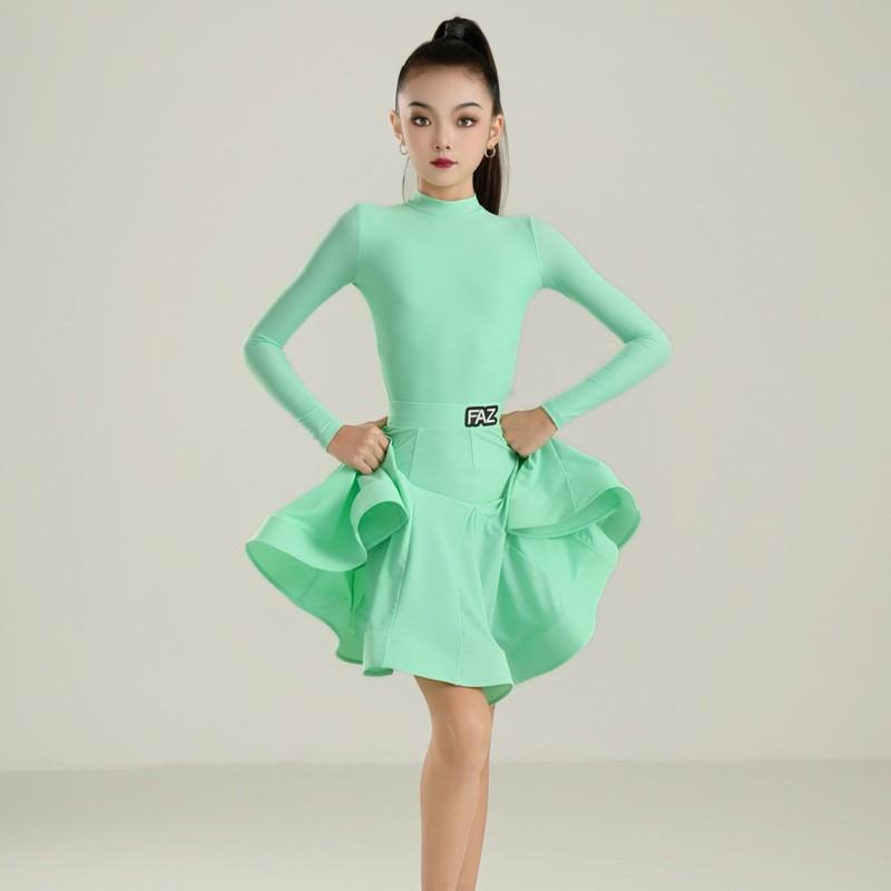Girls Latin Dance Performance Outfit With Full Skirt Long Sleeve Top Nylon Spandex Costume Kids Competition Exam