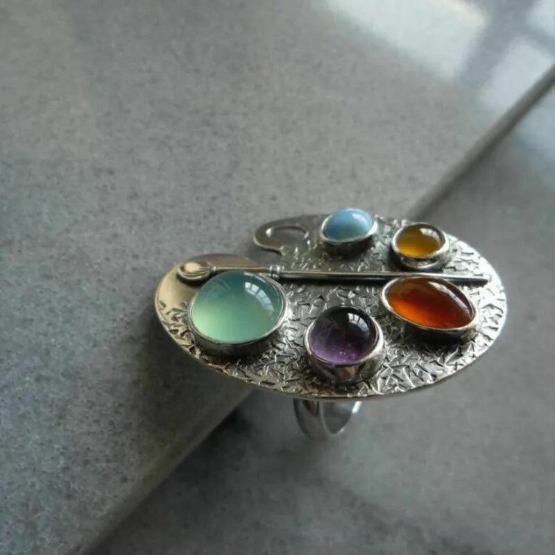 Multicolor Oval Palette Index Finger Ring with Diamond Bohemian Style Ring Retro Open Adjustable Ring