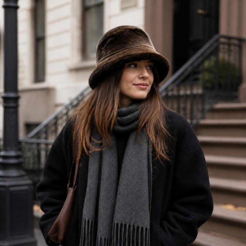 Double-Sided Faux Fur Hat Scarf Set Windproof Plush Hat Scarf Soft Bucket Hat Scarf For Women