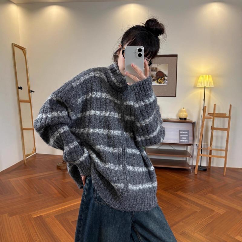 Retro Lazy Loose Striped Sweater Jacket Women's Autumn and Winter New Versatile Stand-up Neck Zipper Knitted Cardigan Tide