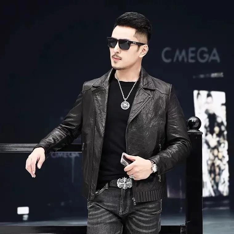 Новая кожаная куртка с плюшевым принтом, мужская мотоциклетная короткая куртка из искусственной кожи, корейская версия, кожаная куртка с воротником, куртка