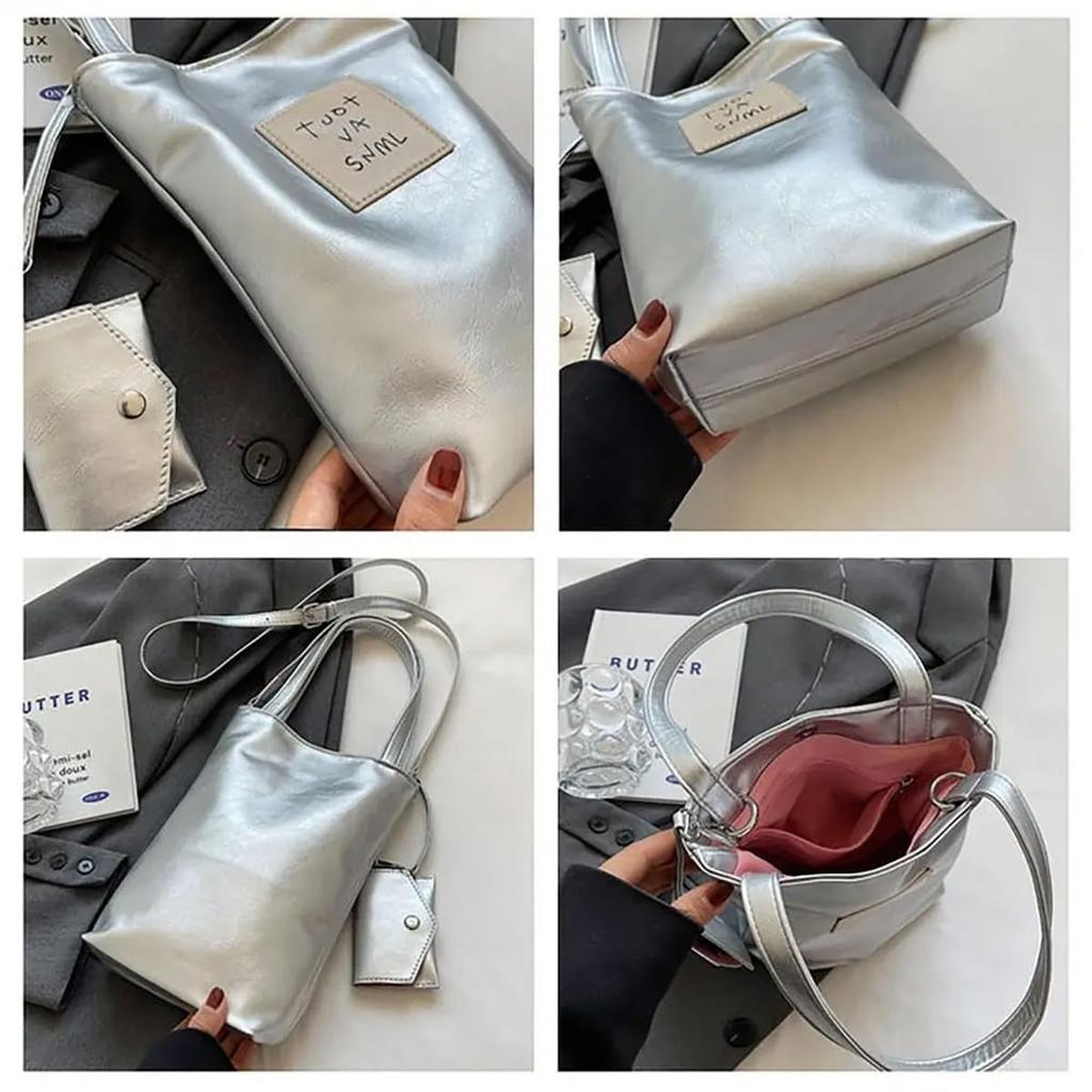Сумка через плечо Сумка-тоут Милая сумочка Блестящая стильная ретро-сумка с логотипом из светло-серебристого цвета [DIVA Rose] Женская