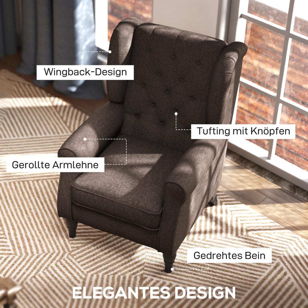 Armchair Wing Chair with Armrests, Lounge Chair with Cushion, Tufting, High Backrest Armchair with Wooden Legs, Recliner for Living Room, Bedroom