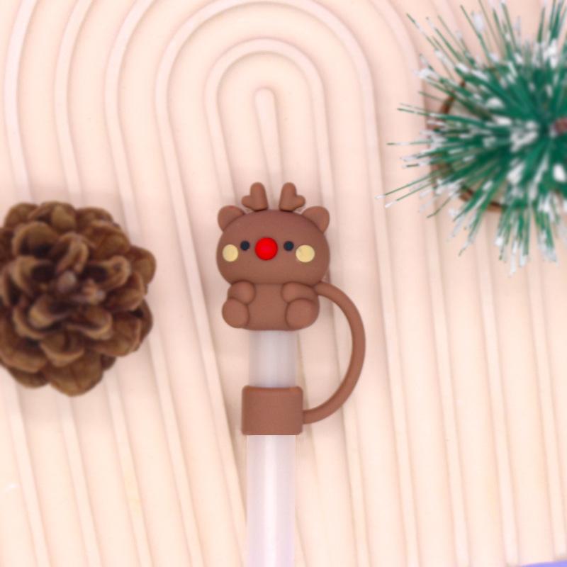 1pc Christmas Straw Cover Caps Silicone Straw Tips Protectors for 10mm 8mm Drinking Straws Reusable Cute Straw Toppers Cup Cover