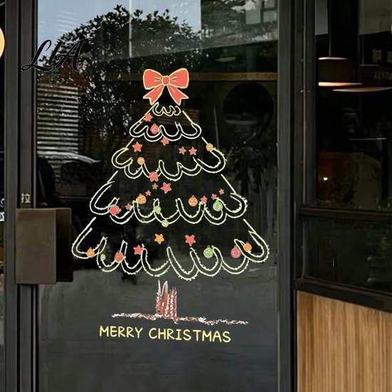 Christmas Party Supplies Tree Window Sticker, Simple Line Static Cling Decal, Waterproof Holiday Ornaments Removable Festive PVC Decal for Home Glass