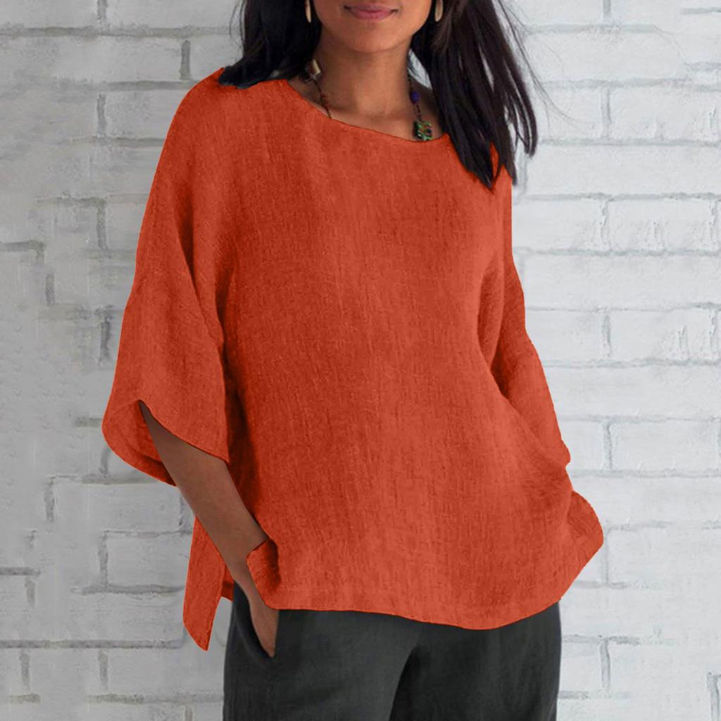 Women's Fashion Half Sleeve Round Neck Solid Colour Loose Casual Shirt Top