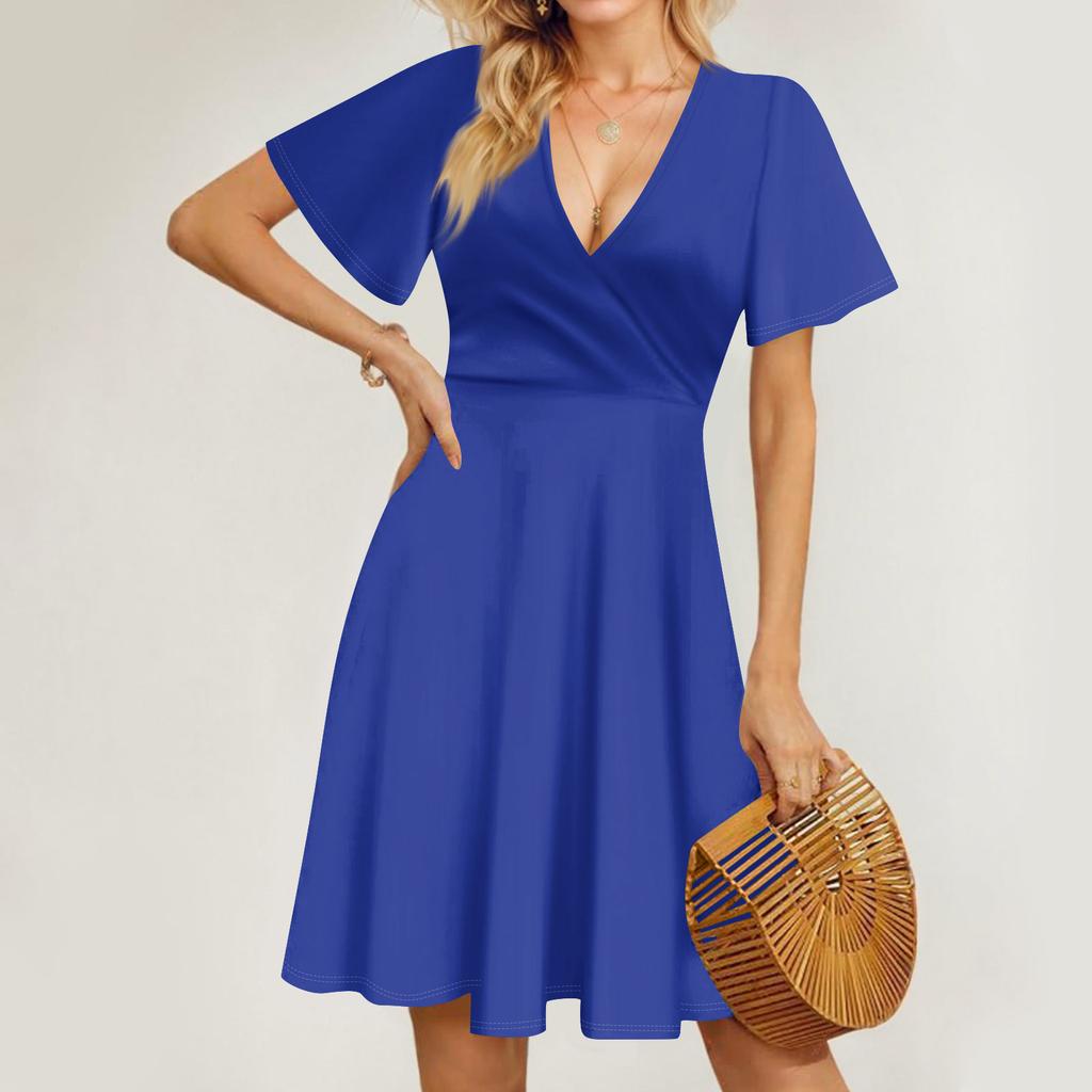 Women's Summer Dress Loose Beach Vacation Casual Deep V Neck Dress Short Sleeve Elegant Shirt Dress