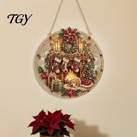 Christmas Tree Decorations Rhinestone Painting Suncatcher Kit, Round DIY Hanging Decor Indoor Outdoor Festive for Home, Craft Pendant Holiday