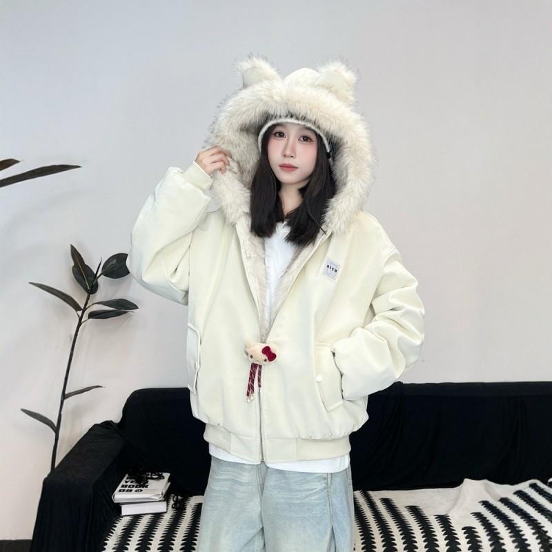 Womens Loose Winter Hooded Cotton Coat With Faux Fur Trim Warm Thick Casual Couple Jacket