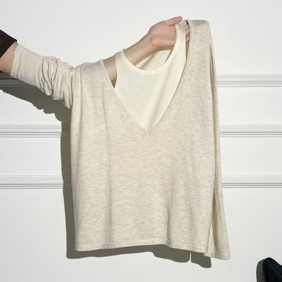 Контрастный цвет, вязаный топ с длинными рукавами, имитация двойки, с бретелькой на шее, женский, осенне-зимний, новый дизайн, красивый маленький топ