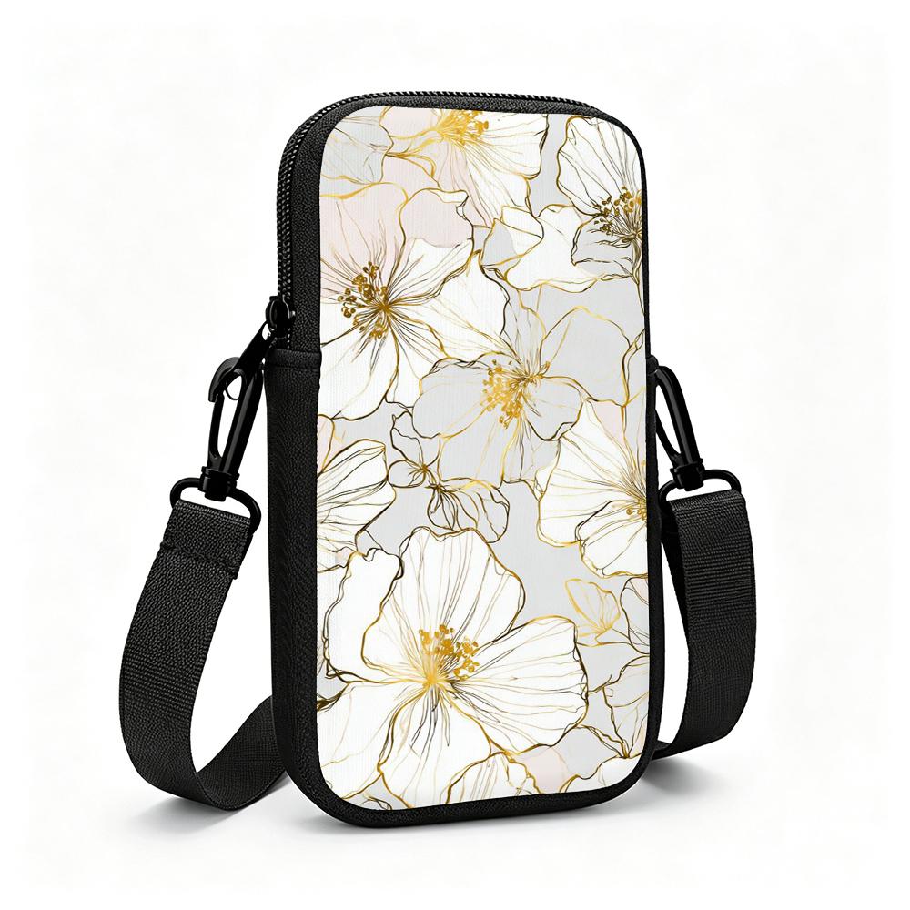 Elegant Hibiscus Floral Line Art Pattern With Gold Foil Accents Seamless Wallpaper Style Adjustable Removable Strap Crossbody Phone Bag