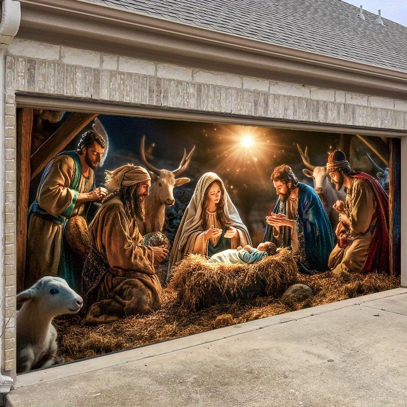 A garage door banner depicting the birth of Jesus at Christmas, outdoor Christmas decorations, suitable for holiday parties