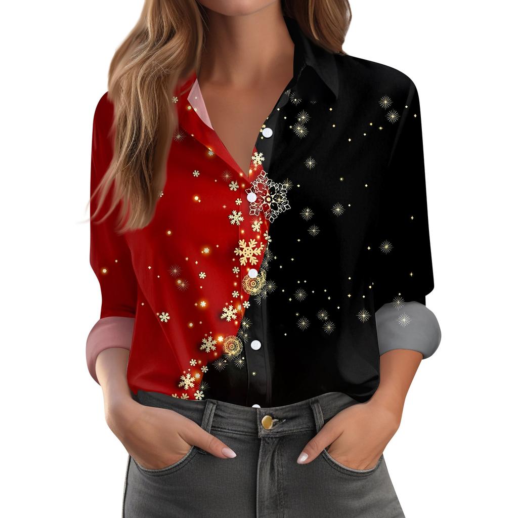 Женская рубашка-блузка с рождественским принтом и пуговицами, длинный рукав, повседневный базовый рубашечный воротник, обычный топ