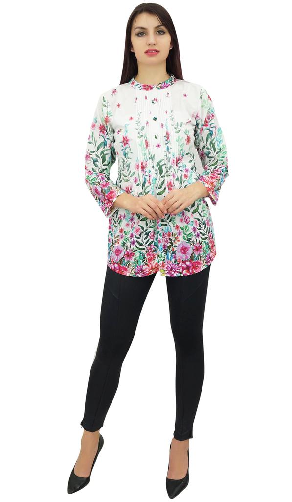 Phagun Womens Floral Printed White Full Sleeve Casual Tunic Top Blouse Shirt-