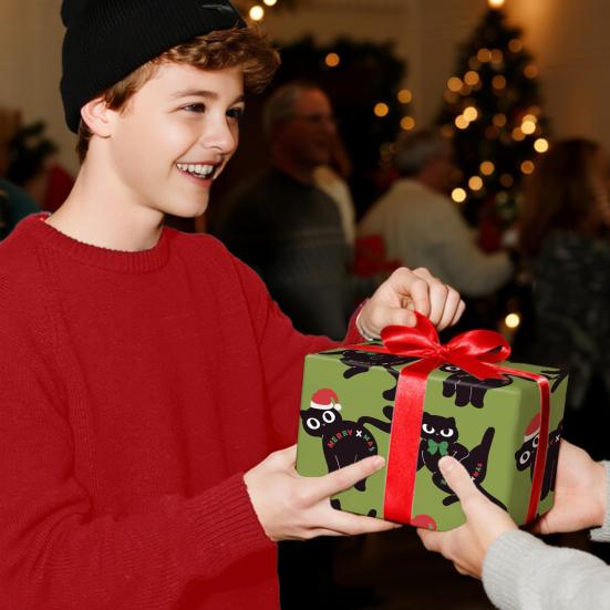 Christmas Cat Wrapping Paper 16.4 Ft Cute Black Cats Gift Wrap Roll Holiday Gift Wrap for Boys Girls Cat Lovers Christmas Party