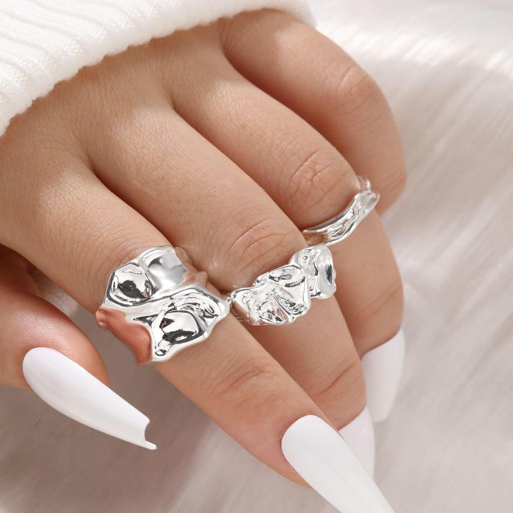 European & American Metal Texture Ring Set: Smooth, Exaggerated Geometric Open Rings for Women