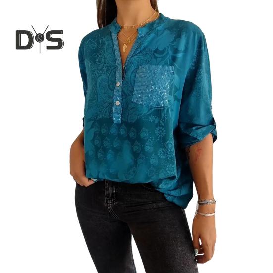 Женская летняя рубашка с v-образным вырезом и лацканами, пуловер с половиной рукавов, топы с принтом, пуговицы, половина планки, пайетки, накладной карман, свободная рубашка