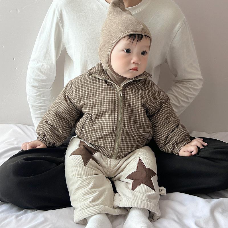 Зимний костюм для мальчика Детская одежда Han Fan Детская клетчатая хлопковая куртка-свитер из бархата Термо прямые брюки