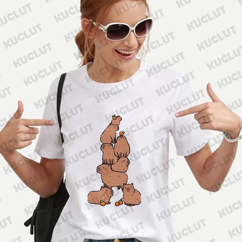 Cute Capybara Anime Women's T-shirt Casual Ulzzang Short Sleeve Tees Cartoon Graphic Y2K Tops Female Blouse Aesthetic Clothing