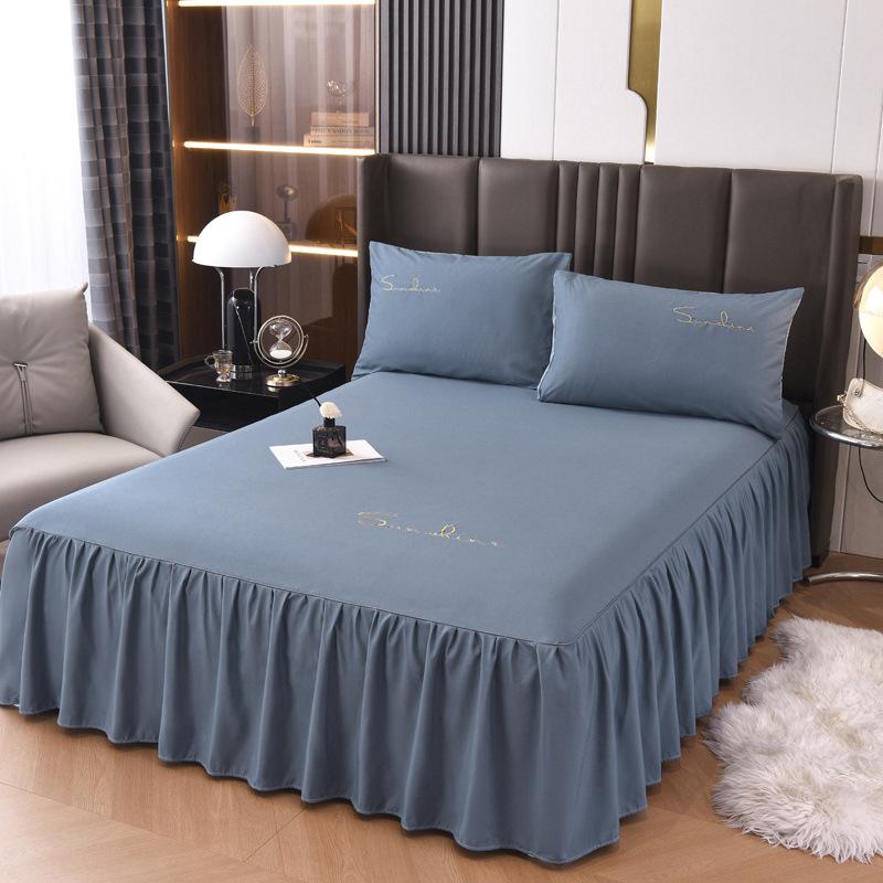 Solid Color New Light Luxury Simple Embroidered Single Bed Skirt Bed Sheet Non-slip Bedspread Four Seasons Princess Style Single Piece