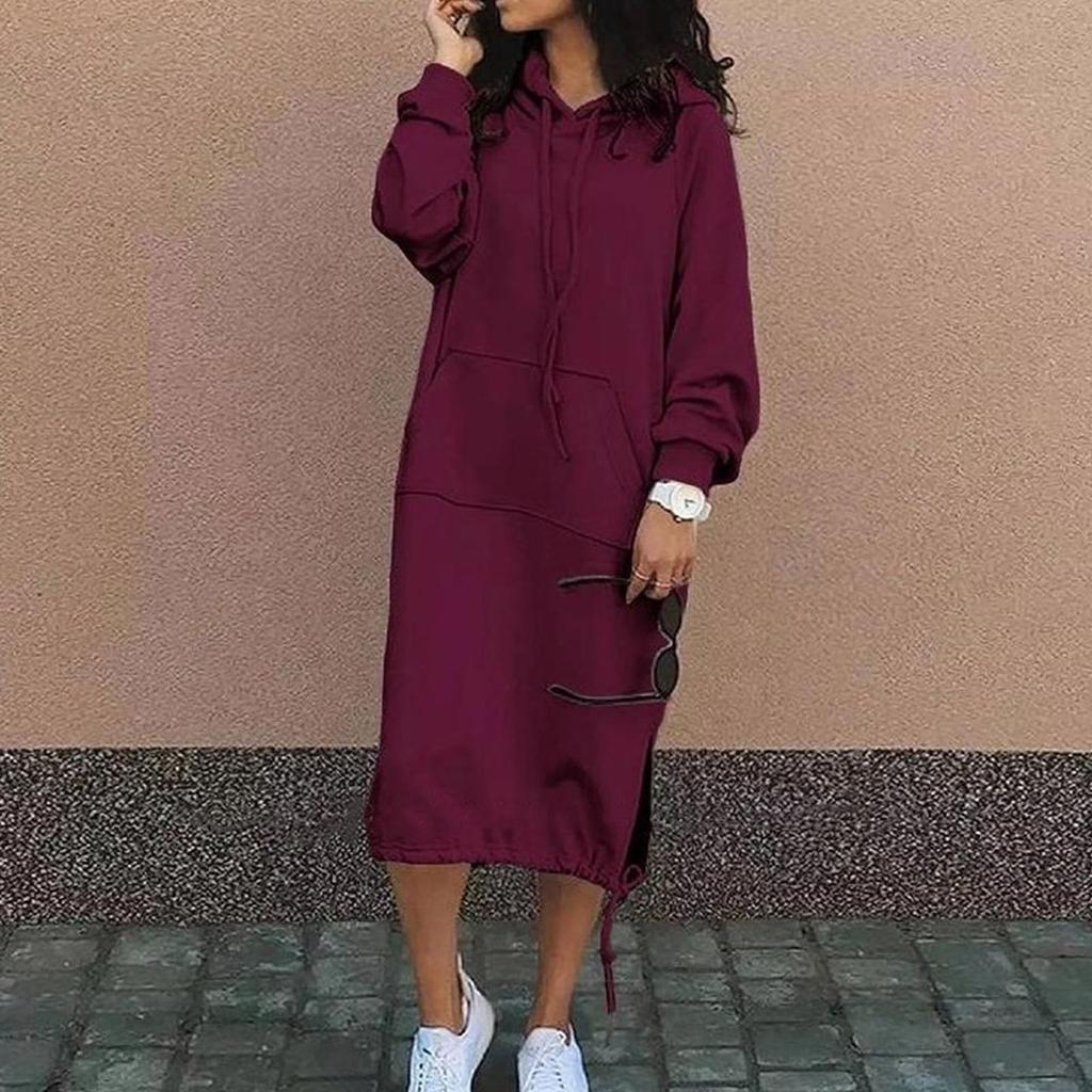 Women's Long Sleeve Casual  Hoodie Sweatshirts Side Slip  Pullover Dress With Pocket