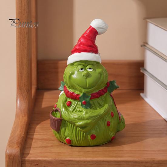 Indoor Seasonal Decorations Christmas Green Monsters Ornament with Santa Hat And Scarf, Resin Frog Theme Landscape Figurine for Home Decoration,