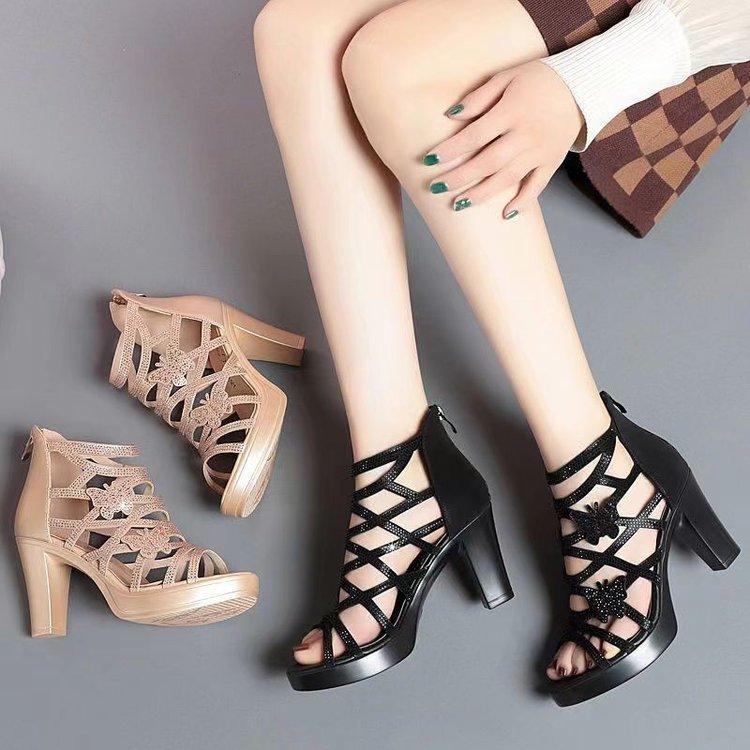 Woman Sandals Women Cyrstal Comfortable Pumps Ladies Fashion High Heels Female Rome Bling Hollow Out Shoes Women's Zip Footwear