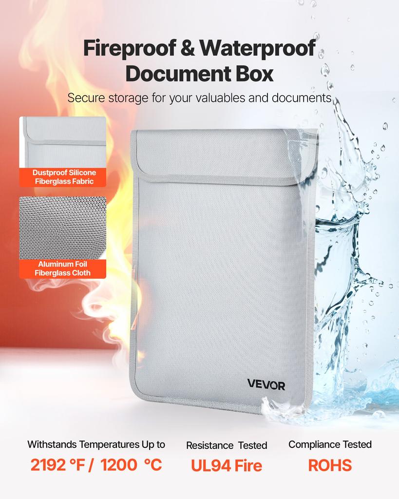 VEVOR Fireproof Document Bag, 1200 degrees F Heat Insulated Fireproof & Waterproof Bag with Smooth Zipper