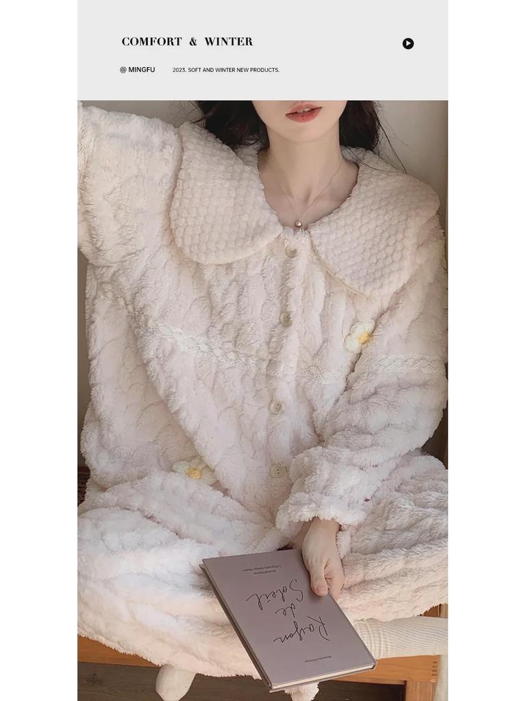 Женская пижама из кораллового флиса - плотный бархат, стиль принцессы, на осень и зиму