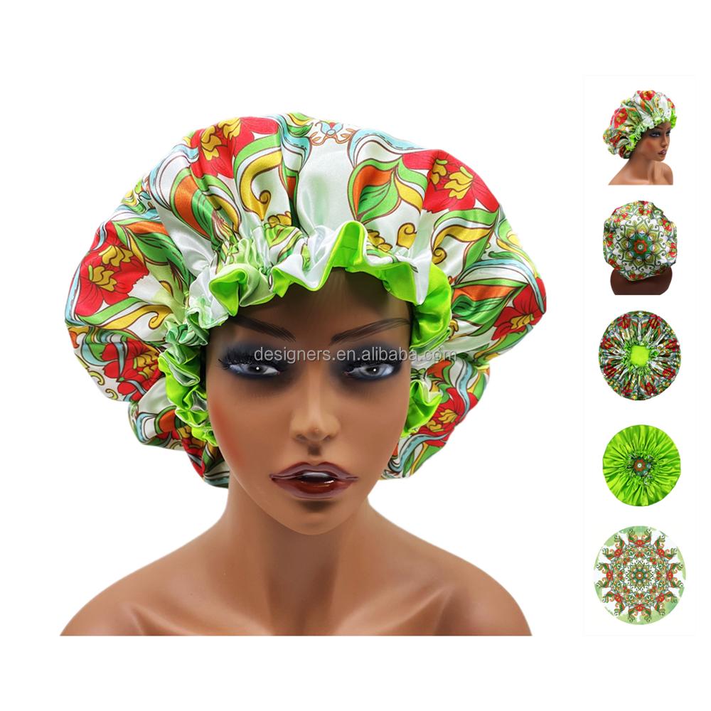 Hot Sale Reversible Double Layer Silk Print Shower Cap Popular Sleep Cap Designer Elastic Satin Hair Bonnet for Women