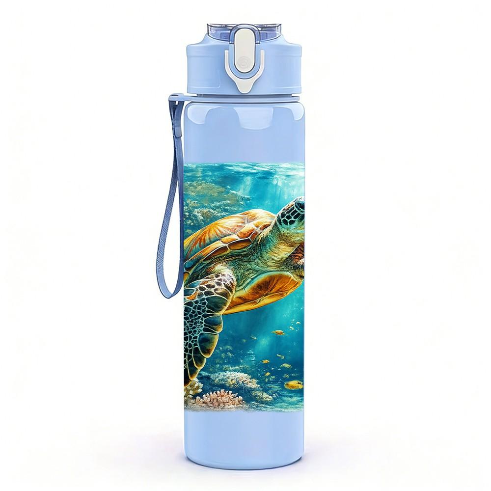 1PC Sea Turtle Coral Ocean Scene Print 750ml Color Plastic Sports Water Bottle Leakproof Flip Straw Lid Suitable for Sports Office Home Use