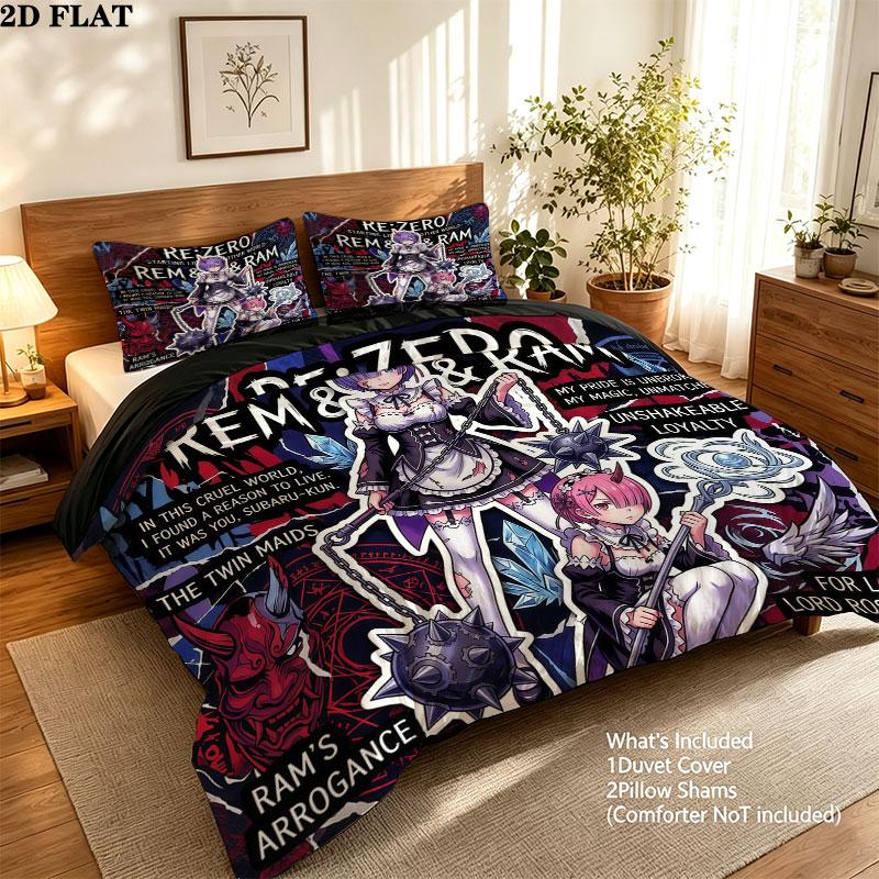 Re Zero Pattern Bedding Quilt Set Quilt Cover Pillowcase Home Birthday Gift(1 * duvet cover + 2 * pillowcase, without core)