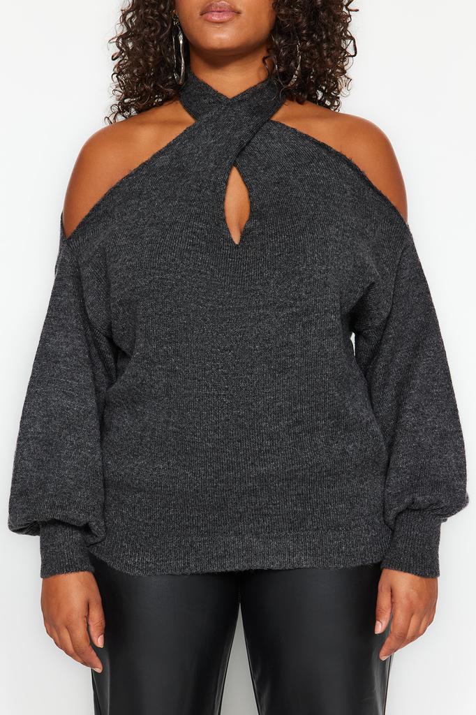 Women's Fashion New Plus Big Size Sweater Anthracite Knitwear Plus Big Size Sweater