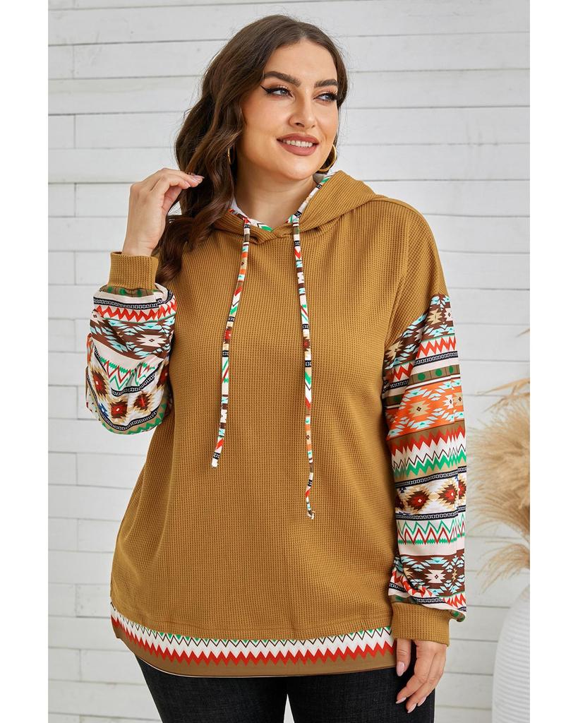 Azura Exchange Camel Aztec Patchwork Sleeve Waffle Drawstring Plus Hoodie