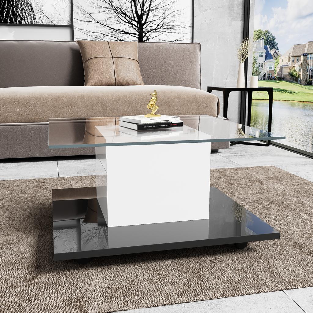 Coffee Table, Coffee Table made of High-Gloss Glass, Movable Coffee Table with Swivel Casters