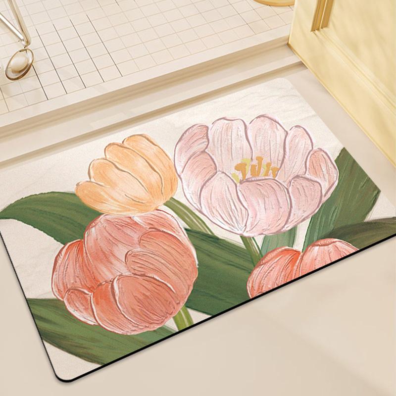 Коврик для пола из диатомовой грязи в ванной комнате Camellia, впитывающий воду и противоскользящий, мягкая подушка, свежий цветок, дверь в ванную комнату, вход в туалет