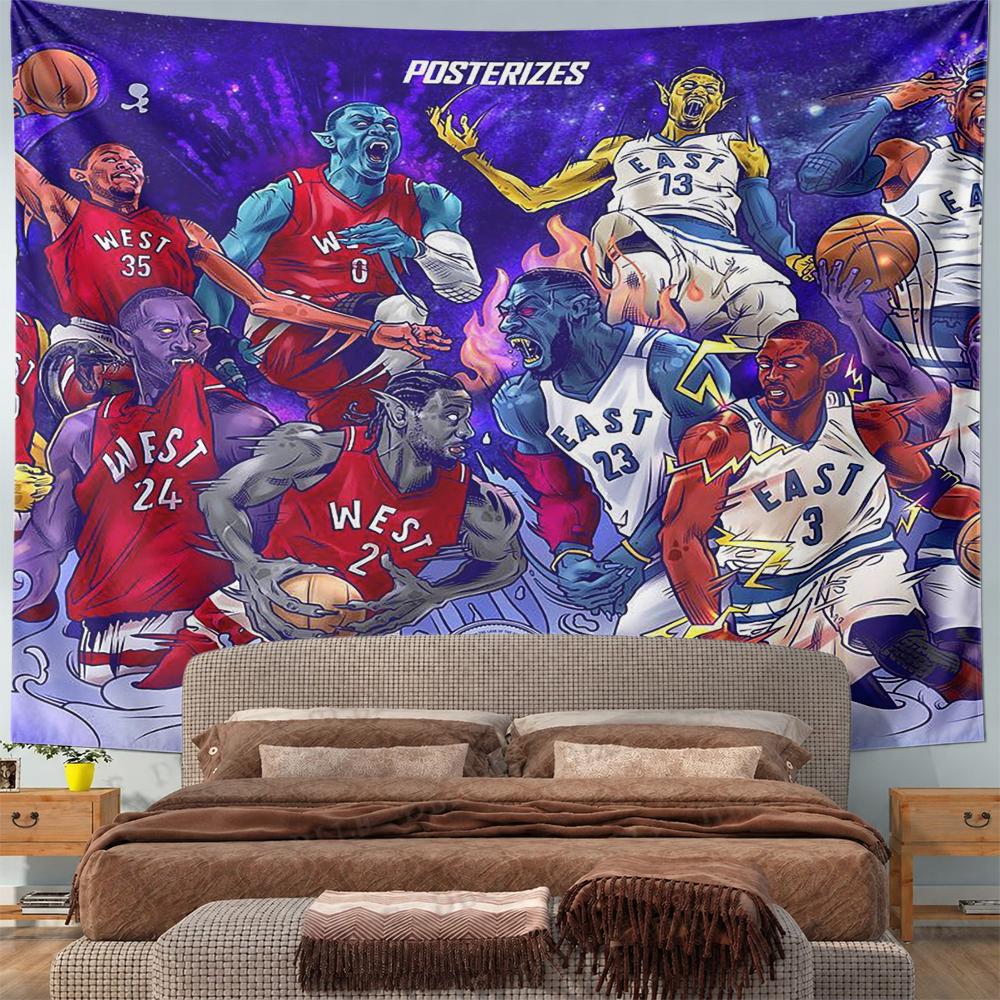 NBA All Star Fantasy Wall Tapestry Monster West East Players Cartoon Posterizes Art Decor for Man Cave Game Room Gift
