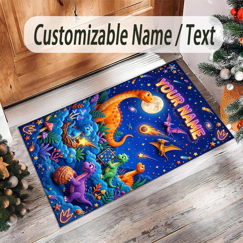 Dinosaur Theme Crystal Velvet Rug Personalized Custom Name Text Soft Floor Mat Home Decor