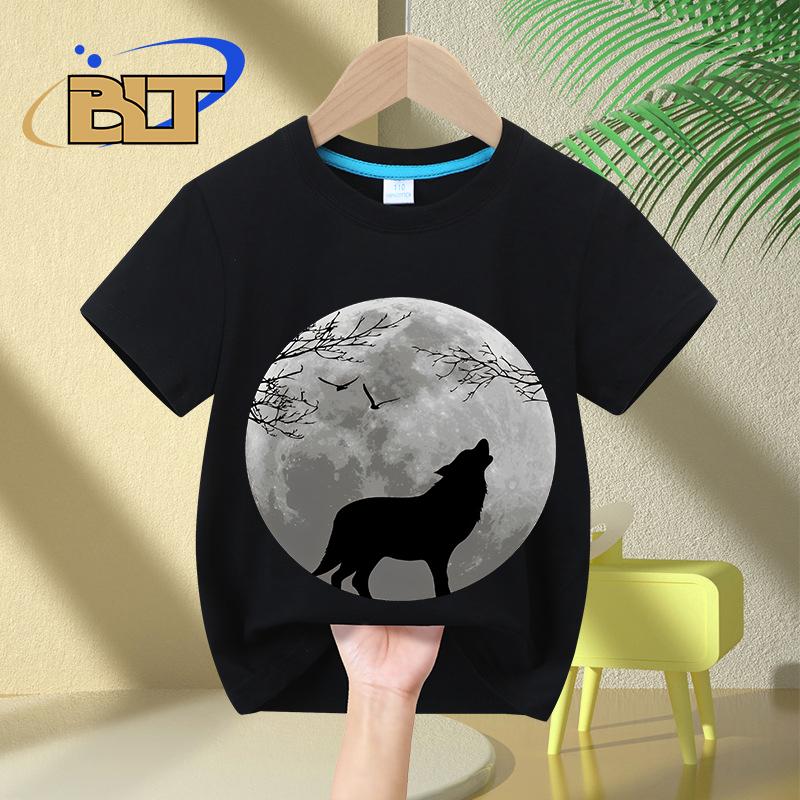 Howling Wolf printed kids Tshirt summer childrens pure cotton shortsleeved casual tops boys and girls gifts