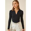 Women's Black Polo Neck Ribbed Knitted Blouse Gt00111
