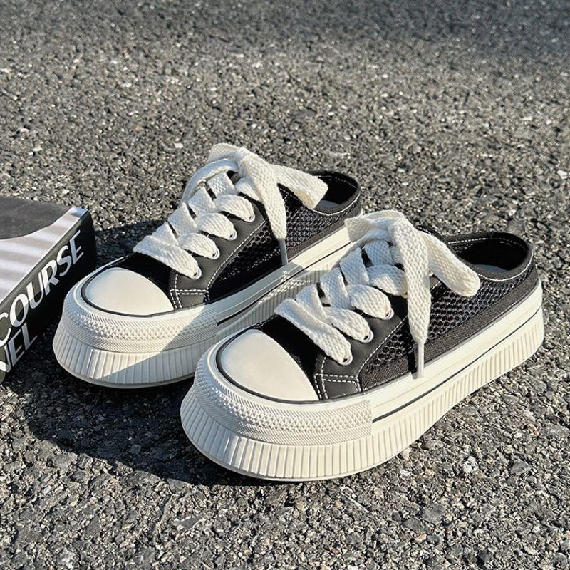 All-Match Canvas Shoes Slip-on Half Slippers Board Shoes White Shoes Women's Summer Women's Breathable Mesh Shoes Shoes with Skirt