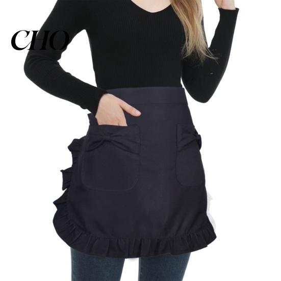 Housework Apron Half with Butterfly Bow & Pockets Lace Hem Waist for Kitchen Retro Style Coffee Shop Bistro Adjustable Ties Cafe Server Waitress Home