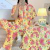 Romantik Chiroyli Print Ayollar 3 qismli Pijamalari Multfilm Shirin Pushti Sut Ipak Uy Kiyimi Kuz Shiki Trendy Kechki Kiyim