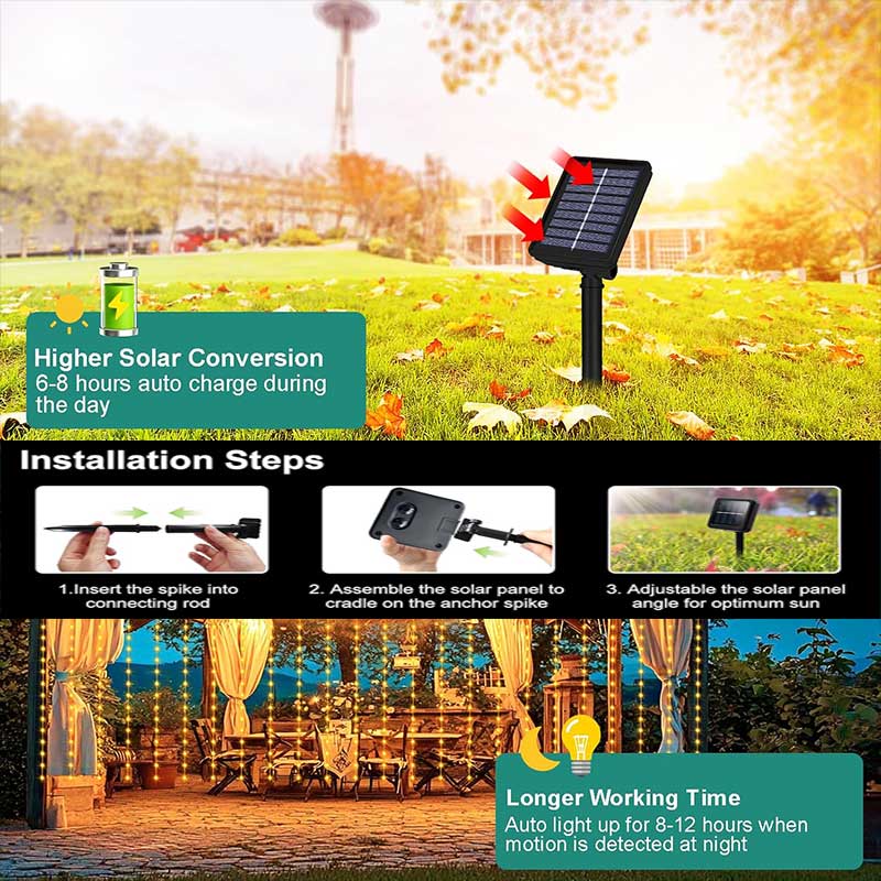 3x2M Outdoor Solar Curtain Light String Lights Garden Yard Pavilion Fairy Garland String Lights Holiday Wedding Decor Light