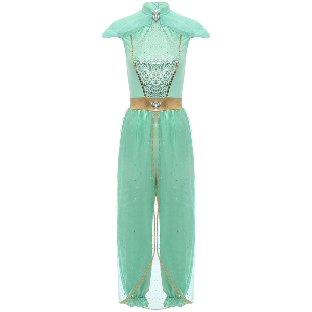 Женский комбинезон арабской принцессы, украшенный драгоценностями, с блестящей накидкой, цельный ромпер, костюм для танца живота на Хэллоуин