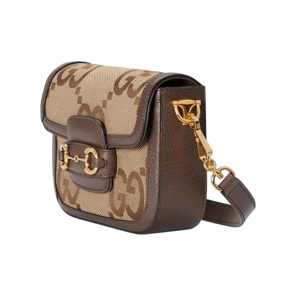 Gucci Сумка на плечо Horsebit 1955 Jumbo GG Mini Бежево-коричневая Канва с отделкой Ремень-лента Через плечо Сумка для женщин Ежедневная 658574-UKMDG-2570
